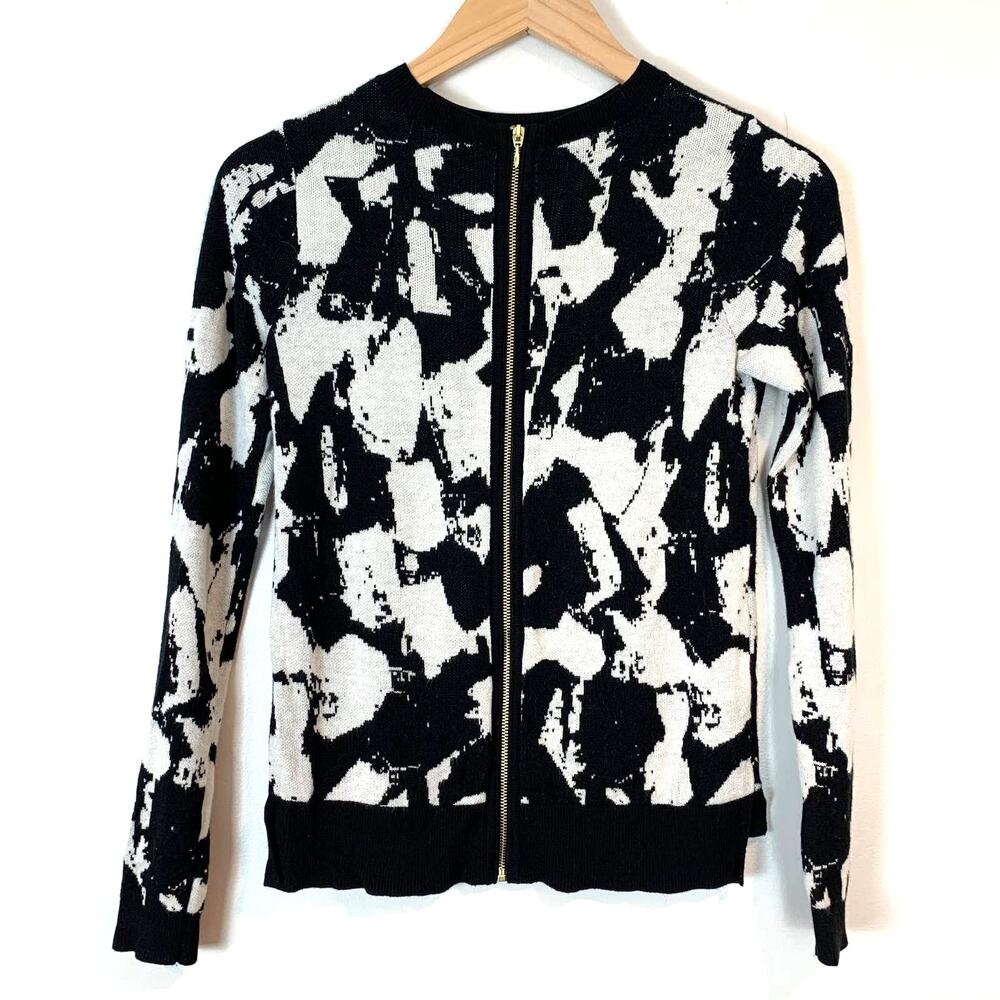 H&M Black White Full Back Zipper Sweater Abstract Paintbrush XS Extra Small